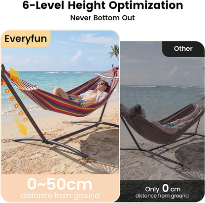Double Hammock with Stand for 2 Person, 600 Lbs Heavy Duty Cotton Bed with Steel Stand, Free Standing for Outdoor Indoor Patio, Carrying Bag Included5