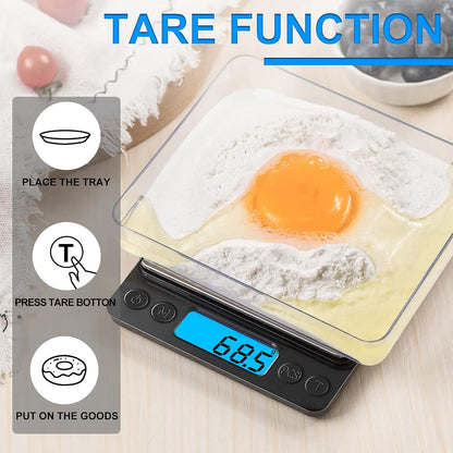 Digital Food Kitchen Scale Upgraded,  3000G/0.1G High Accuracy Mini Pocket Scale Measures in Grams and Oz for Cooking, Baking, Jewelry, Tare Function,2 Trays, LCD Display (Batteries Included)4