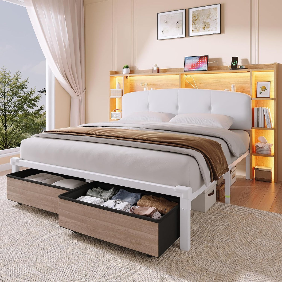queen-size-bed-frame-with-storage-upholstered-headboard-2-fabric-drawers-charging-station-rgb-led-lights-metal-platform-bed-no-box-spring-needed-natural
