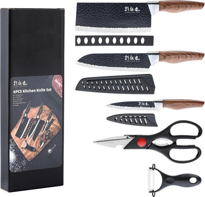 5 PCS Kitchen Chef Knife Set, Include 7 Inch Cleaver, 7 Inch Santoku, 4.5 Inch Utility Knife, Kitchen Scissors and Peeler1