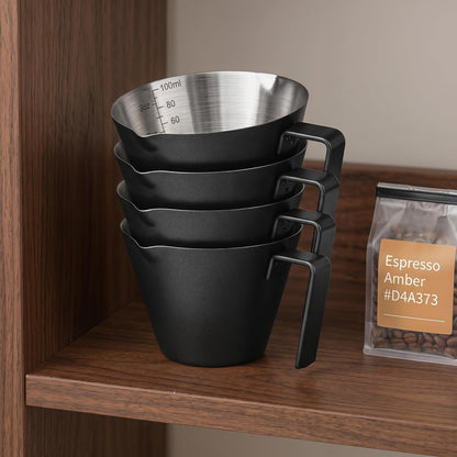 4 Pack Stainless Steel Espresso Measuring Cup, 3.4OZ/100ML Double Spout Espresso Shot Cups with Handle and Dual Scale, Small Coffee Pouring Cup, Coffee Accessories Sauce Cup, Dishwasher Safe7
