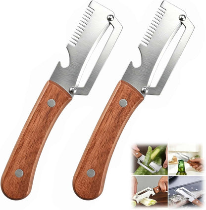 Multi Functional Vegetable Peelers for Kitchen, 4 in 1 Wooden Handle Stainless Steel Peeler (Peelers Shreddingbottle Openerscaling Fish) for Fruit Veggie Potato Pumpkin, Gifts for Mom (W2Pcs）1