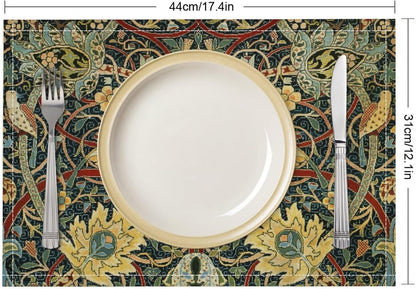 William Morris Floral Placemats Flower Bird Decorative Table Mat Antique Native Heat Resistant Place Mats for Dining Kitchen Party Holiday Decor 12X18Inch Set of 42