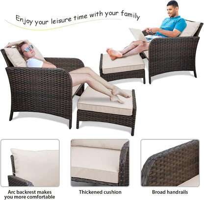 Balcony Furniture 5 Piece Patio Conversation Set, PE Wicker Rattan Outdoor Lounge Chairs with Soft Cushions 2 Ottoman&Glass Table for Porch, Lawn-Brown Wicker6