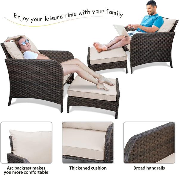 Balcony Furniture 5 Piece Patio Conversation Set, PE Wicker Rattan Outdoor Lounge Chairs with Soft Cushions 2 Ottoman&Glass Table for Porch, Lawn-Brown Wicker6