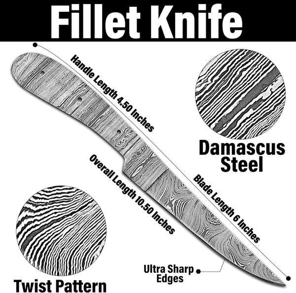 Damascus Steel Fillet Knife Kit, 10 Inches Overall, Fixed Blade, DIY Knifemaking Supplies. Kitchen Knife, Fish Fillet Blank Blade, Large, Amj-Fillet-015