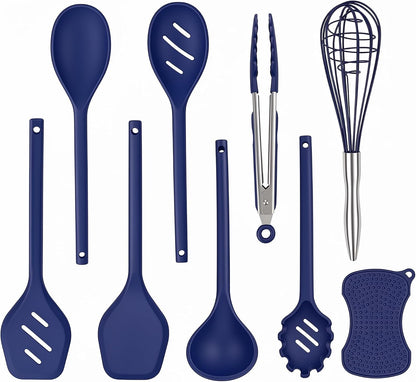 Kitchen Utensils Set,9 PCS Silicone Cooking Utensils Set Spatula Set,Tongs,Spoon,Whisk,Brush,Dishwasher Safe Kitchen Gadgets for Non-Stick Cookware,Home Essential，Kitchen Appliances(Navy Blue)1