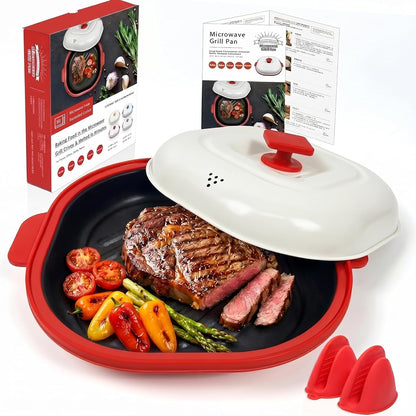 Microwave Grill Pan with Lid for Meat, Browning and Crisping, Red | Nonstick Grill Plate with Even Heating for Fast Cooking and Crispy Results, Ideal for Bacon, Pizza, Sandwiches and More1
