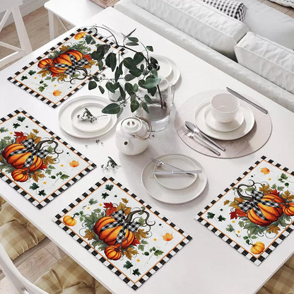 Fall Table Runner,12X18In Linen Pumpkins Leaves Placemats Set of 45
