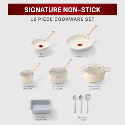 Signature Nonstick 12 Piece Cookware Set, Oven Safe up to 350°F, Dishwasher Safe, Pots and Pans Set, Includes Frying Pans, Saucepan, Stockpot, Cooking Utensils, Cream2
