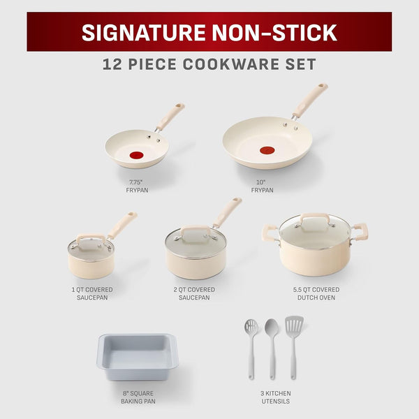 Signature Nonstick 12 Piece Cookware Set, Oven Safe up to 350°F, Dishwasher Safe, Pots and Pans Set, Includes Frying Pans, Saucepan, Stockpot, Cooking Utensils, Cream2