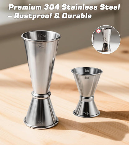 2-Pack Stainless Steel Cocktail Jiggers – Japanese Style Double Measuring Cups for Bartending (1Oz/2Oz + 0.5Oz/1Oz)4