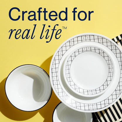Vitrelle 18-Piece Service for 6 Dinnerware Set, Triple Layer Glass and Chip Resistant, Lightweight round Plates and Bowls Set, Delicate Grid6