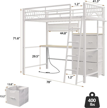 Twin Loft Bed with Desk and 6 Storage Drawers, Metal Twin Size Loft Beds with Charging Station & LED Lights, Bed Frame with Hanging Rod, Safety Ladder & Guardrail, Bedside Caddy for Kids, Teens2