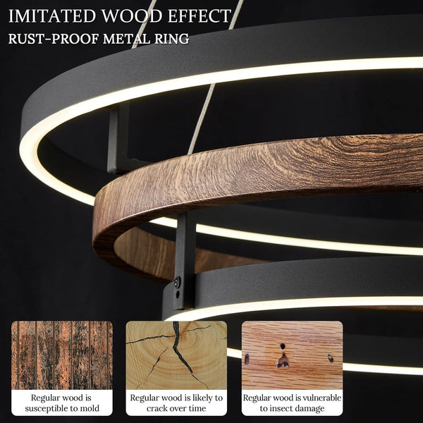 3 Ring LED Chandelier Modern Chandeliers Walnut Wood Black Dimmable 24''4
