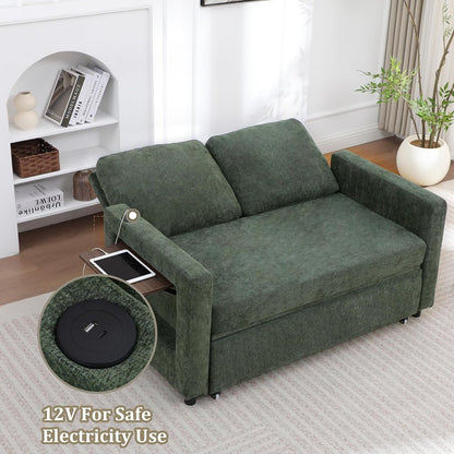3 in 1 Folding Convertible Sleeper Sofa Bed Pull Out Couch with Side Pockets USB Port Side Table Loveseat Sofa Bed with Adjustable Backrest for Living Room Bedroom 66" Darkgreen 2 SEAT5