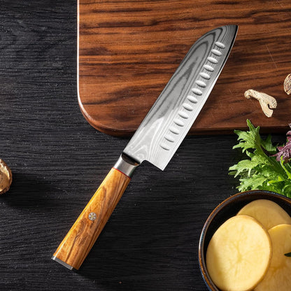 Damascus Santoku Knife 7 Inch with VG10 Steel Olivewood Handle, Razor Sharp Kitchen Knife4