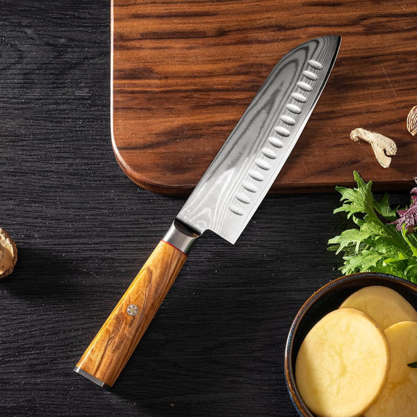 Damascus Santoku Knife 7 Inch with VG10 Steel Olivewood Handle, Razor Sharp Kitchen Knife4