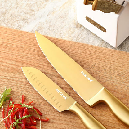 ® Kitchen Knife Sets, Golden Titanium Stainless Steel Knives Block Set with Built-In Sharpener, 20 Piece Knives, Restaurant Grade Sharp, Elegant Gold & Stylish Wooden Block for Modern Culinary | German Forged Stainless Steel,20 Pc,Razor Sharp,Anti-Rust, Ergonomic Handles,Full Tang,Elegant Gold, Gift Box8