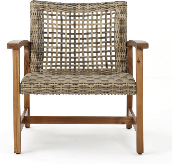 Outdoor 5 Piece Acacia Wood and Wicker Conversation Set with Fire Pit, Gray and Light Gray3