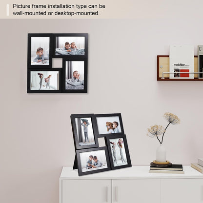 4X6 Picture Frames Collage 1 Pack, 4 Opening Multi Family Photo Collage Frames with Real Glass for Wall Hanging or Tabletop, Black4