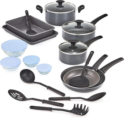 Cookware Set with Glass Lids with Nonstick, PFOA Free and Scratch Resistant Surface, Aluminum Bakeware, Pots and Pans, Storage Bowls & Utensils, Compatible with All Stovetops, 21 Piece, Gray1