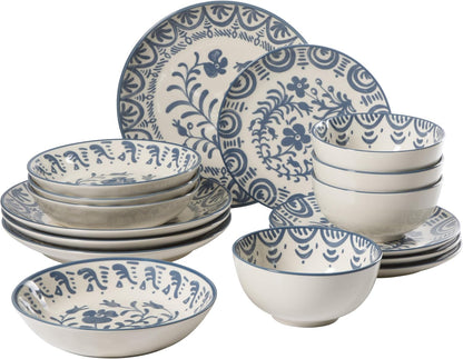 Bloomhouse - 2-Time Oprah’S Favorite Things - Valencia Flor 16 Piece Dinnerware Set, Artisanal Decorated Stoneware Plates & Bowls, Service for 4, Microwave & Dishwasher Safe, Iris Blue1