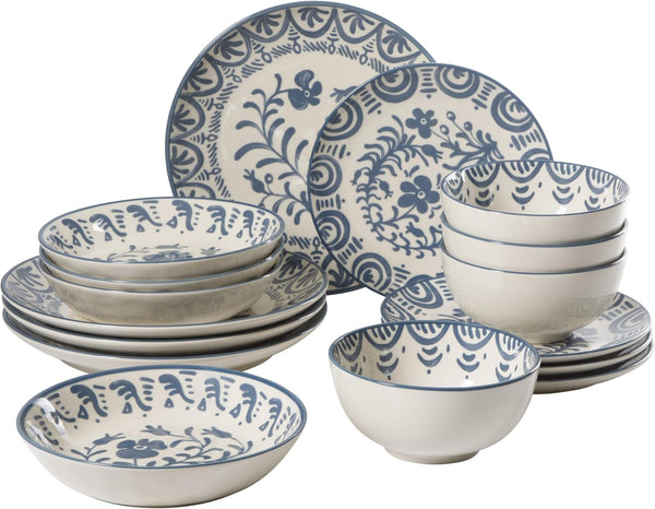 Bloomhouse - 2-Time Oprah’S Favorite Things - Valencia Flor 16 Piece Dinnerware Set, Artisanal Decorated Stoneware Plates & Bowls, Service for 4, Microwave & Dishwasher Safe, Iris Blue1