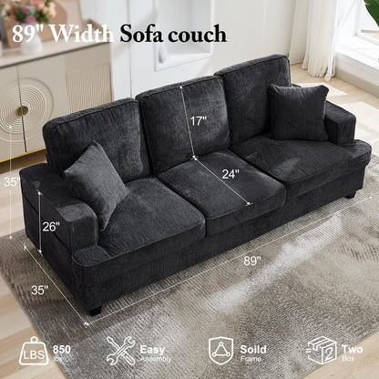 89" Couches for Living Room with Deep Seats, 3 Seater Sofa Couch, Mid Century Modern Chenille Sofa with Armrests, Upholstered Comfy Sofas for Living Room, Bedroom, Apartment, Office (Grey)2