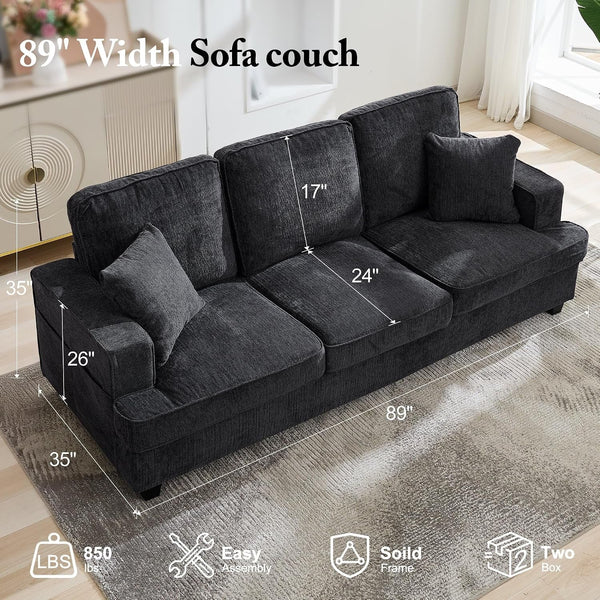 89" Couches for Living Room with Deep Seats, 3 Seater Sofa Couch, Mid Century Modern Chenille Sofa with Armrests, Upholstered Comfy Sofas for Living Room, Bedroom, Apartment, Office (Grey)2