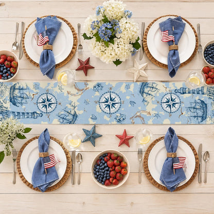 Coastal Nautical Table Runner, Teal Blue, 13" X 71", Nautical | Linen Farmhouse, Coffee Table Runner, Kitchen Dinner, Ocean Nautical Decor2