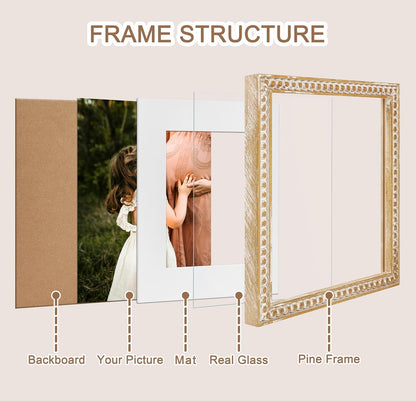 Square 4X4 Rustic Picture Frame, Decorative Distressed Beaded Detailing, Natural Pine Wood with Real Glass, Matted to 3X3 Photo, Gallery Wall and Tabletop Display, Natural7