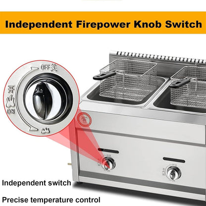 Professional Lpg Gas Fryer,Commercial Lgp Fryer,Thick Stainless Steel Fryer with Baskets and Lids,Adjustable Firepower and Temperature Contro,For Home and Commercial Tripcans3