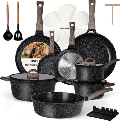 Pots and Pans Set Non Stick Non-Toxic 22 Pcs Ceramic Cookware Sets Nonstick Kitchen Pot&Pan with Lid Black Granite Induction Compatible with Glass Lids Crepe Frying Pan Pfoa/Pfos-Free1