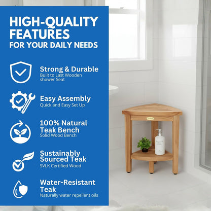 Snazzycorner Teak Corner Shower Bench, Waterproof, Storage4