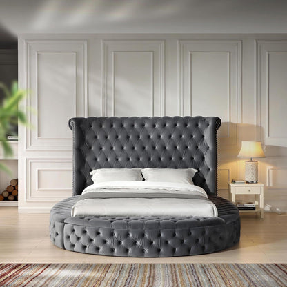 Elizabeth 107 X 101 Velvet round Storage King Bed in Gray1