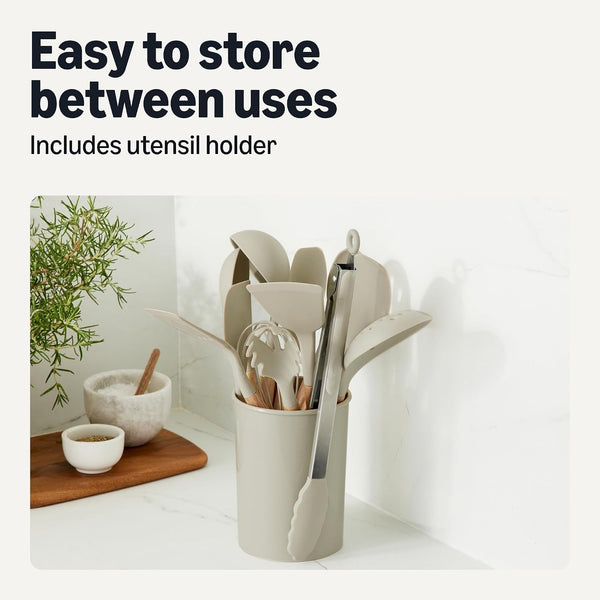 Silicone Cooking Utensils Set with Wooden Handle, 14-Piece, Bpa-Free, Utensil Holder Included, Linen Gray6