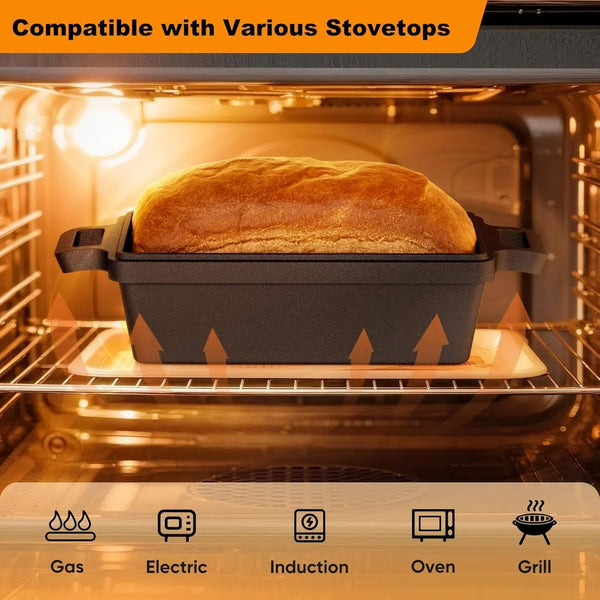 9×5 Inch Cast Iron Loaf Pan with Lid, 2 Pack Bread Pans for Baking | Premium Cast Iron Loaf Pan & Bread Pan Set Evenly Distributes Heat for Crisp Bread Crusts. Multi-Cooker Compatible5