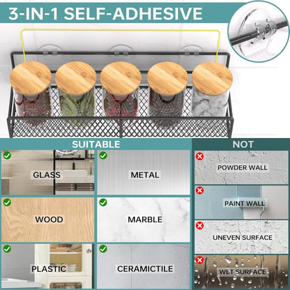 Spice Rack Wall Mounted 6 Pack: 100% Metal & Strong Adhesive Spice Organization for Kitchen Cabinet/Pantry Door, No Drill Hanging Seasoning Organizer with Paper Towel Holder, Utensil Caddy6