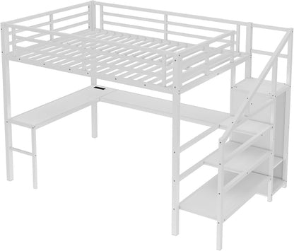 Twin XL Loft Bed with L-Shaped Desk and Storage Stairs, Metal Loft Bed with Wardrobe and USB Charging Station, High Loft Bed with LED Lights for Kids Teens Adults (White, Twin XL)5