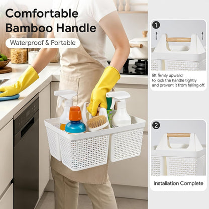 Portable Plastic Shower Caddy Basket with Wooden Handle, White2