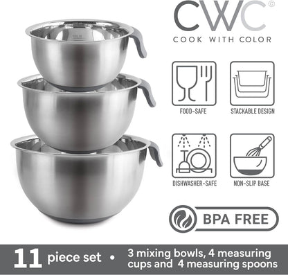 Stainless Steel Mixing Bowls Set and Measuring Cups - Nesting Bowls with Non-Slip Bottom and Easy-Grip Handles, Grey, 11 Pieces3