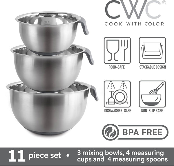 Stainless Steel Mixing Bowls Set and Measuring Cups - Nesting Bowls with Non-Slip Bottom and Easy-Grip Handles, Grey, 11 Pieces3