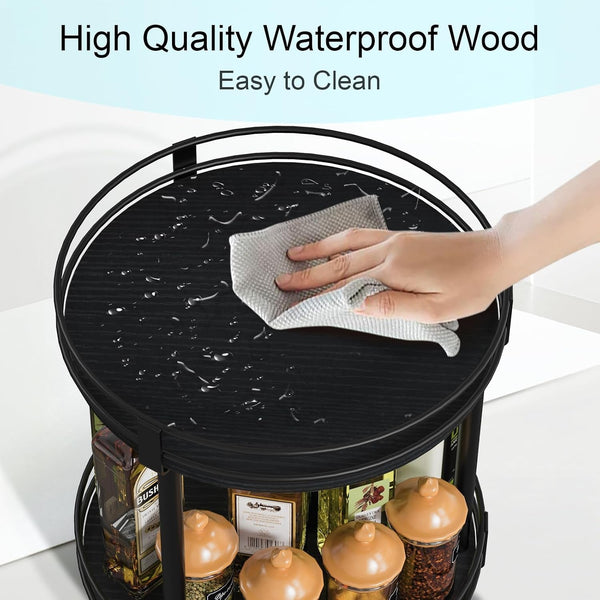 Lazy Susan Spice Rack, 2 Tier Rotating Spice Rack, Wood Lazy Susan Organizer for Cabinet, Black Kitchen Counter Shelf, 10.2" X 10.2" X 10.4"6