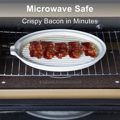 Microwave Bacon Tray with Lid Ceramic Bacon Cooker Meat Rack for Oven Cooking Crispy Bacon Maker with Cover - 11 Inch round Bacon Dish Plate, White3