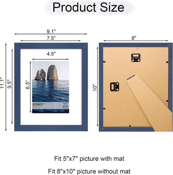 8X10 Picture Frame Set of 2, 8 X 10 Wood Photo Frames with Mat for 5X7, Natural Wooden Frame with Real Glass Cover for Wall and Tabletop Display,Blue4