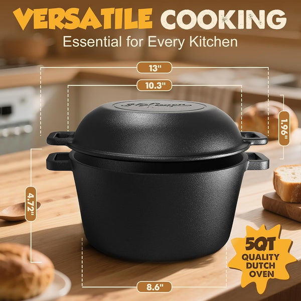 Cast Iron Dutch Oven Pot for Bread Baking 5Qt,With Skillet Lid Cooking Pan | Pre-Seasoned 2-In-1 Sourdough Bread Baking Pan with Proofing Basket and Baking Supplies, 11PCS Sourdough Starter Kit2