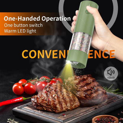 2Pack Electric Salt and Pepper Grinder Set USB Rechargeable with Warm LED Light, Adjustable Coarseness  Large Capacity Automatic Salt Pepper Mill Grinder for Kitchen, Restaurant, Outdoor, Green2
