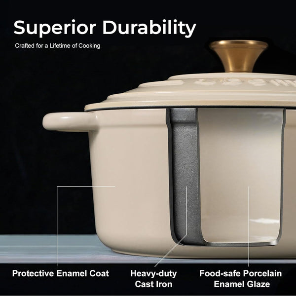 5.5QT Enameled Cast Iron Dutch Oven for Sourdough Bread, Slow Cooking & Home Meals, Beginner-Friendly Pot for Artisan Bread with Crispy Crust & Airy Interior, Easy to Clean, PFAS Free (White)2