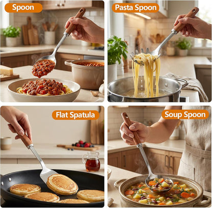 9PCS Stainless Steel Kitchen Utensils Set, Heavy Duty Wooden Handle Cooking Utensils, Metal Cookware Utensils with Spatula, Ladle, Skimmer, Spaghetti Spoon and Potato Masher, Easy to Clean4
